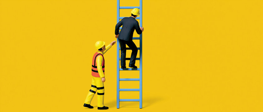 A construction worker in a yellow hard hat and safety vest helps a businessman in a suit and yellow hard hat climb a blue ladder against a bright yellow background.