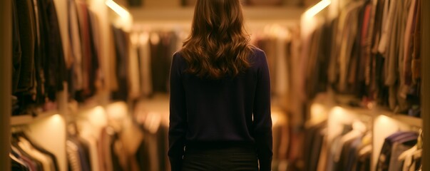 Woman with long brown hair standing in a warm, illuminated luxury walk-in closet filled with clothes racks, concept for fashion retail, personal shopping and luxury lifestyle
