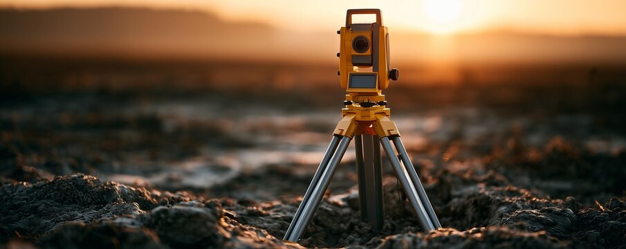 Yellow total station surveying instrument on tripod on rugged ground at golden sunset, concept for land surveying, civil engineering projects and infrastructure development