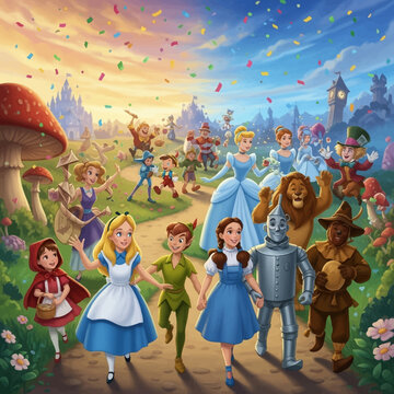 Joyful diverse fairytale characters celebrating together in a vibrant enchanted land with confetti falling and a magical castle in the background, whimsical parade.