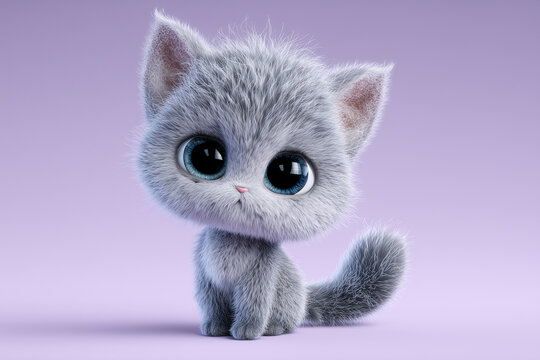 A fluffy gray kitten with big blue eyes sitting on a purple background, looking cute and adorable
