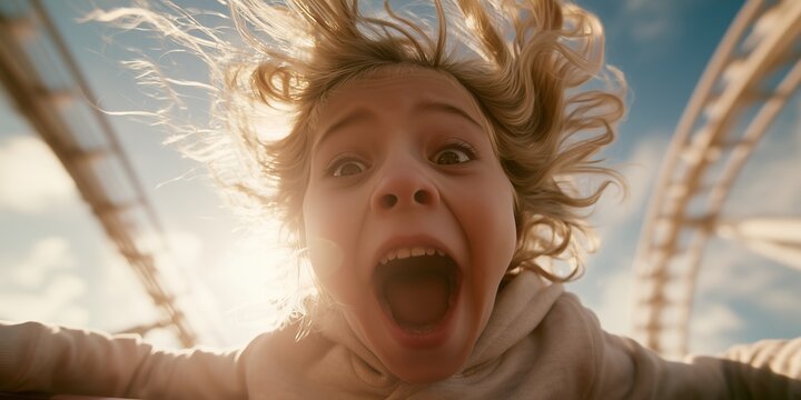 Close-up of a young child screaming with hair flying on a roller coaster ride against a sunny blue sky, concept for amusement park advertising, childhood thrills and exciting experiences