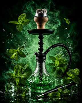 Fresh Hookah Shisha Mint Flavor Lush Green Smoke and Ice Cubes on Dark Background