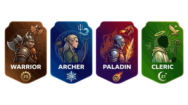 Fantasy RPG character class avatars featuring warrior dwarf elf archer paladin and cleric icons for game interface vector design