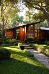 Fototapeta premium A contemporary wooden house is nestled among lush green trees and vibrant shrubs, creating a serene atmosphere in a suburban neighborhood during the bright daylight hours
