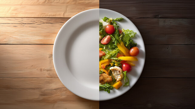 A plate divided with one half empty and the other half filled with a fresh salad, representing healthy eating