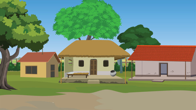 Traditional Indian village house with thatched roof veranda wooden charpai cot clay water pot and brick cottages illustration
