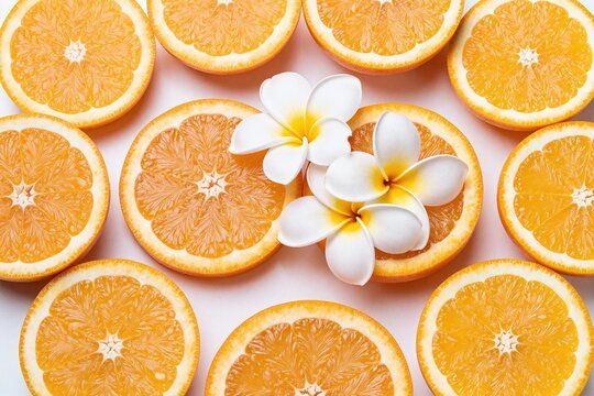 A bunch of oranges with white flowers on top of them