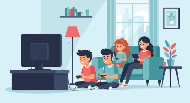 Happy family including parents and children spend quality time together playing video games and using tablets in a cozy living room.