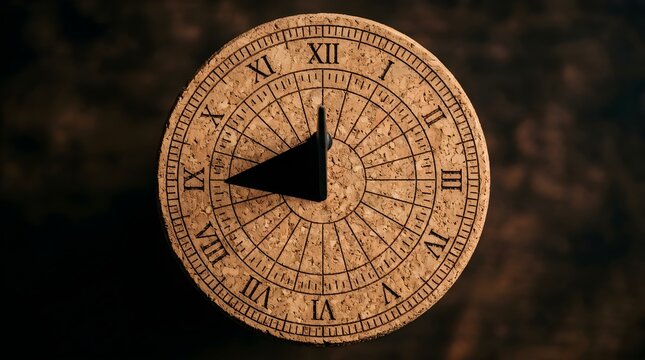 Antique circular stone sundial featuring Roman numerals and a dark shadow cast by the gnomon