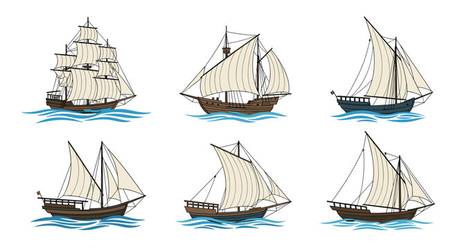 Collection of various vintage sailing ships and historical vessels navigating through blue ocean waves with detailed sails and rigging.
