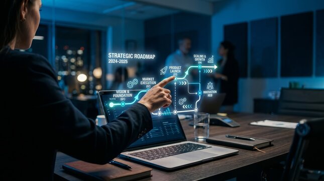 Business strategy roadmap presented on glowing screen with hand pointing