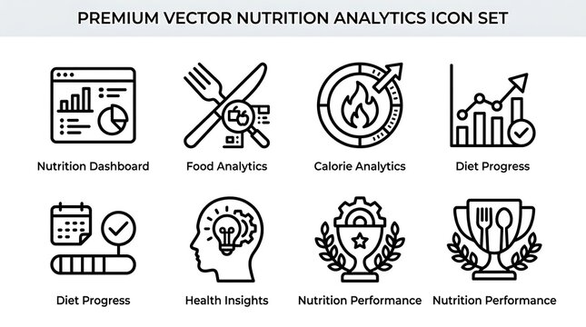 Nutrition Analytics and Health Tracking Line Icon Set