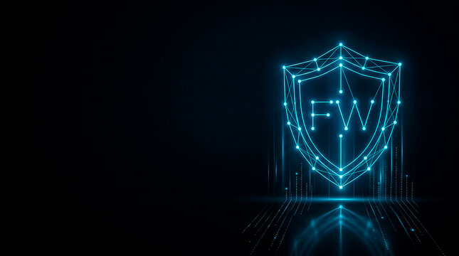 A sleek,  image design of a glowing digital shield featuring interconnected nodes and the letters FW, symbolizing firewall security.