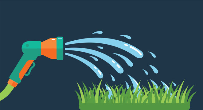 Garden hose spray nozzle watering a patch of green grass with multiple streams of water against a dark blue background.