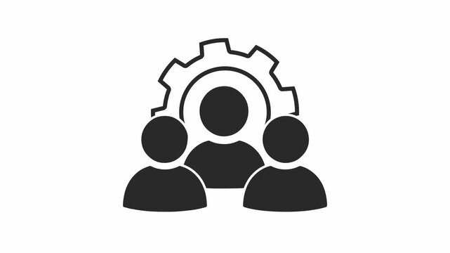 Professional black icon of three figures with a gear, depicting unified teamwork and system efficiency on a bright background