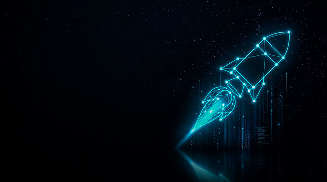 A sleek, glowing image rocket ascends through a starry digital cosmos, symbolizing innovation and space exploration in a  design style.