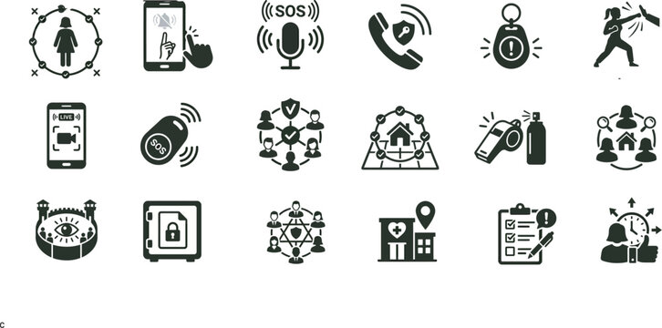 Emergency Service Icons Flat Black Silhouette On Transparent Background