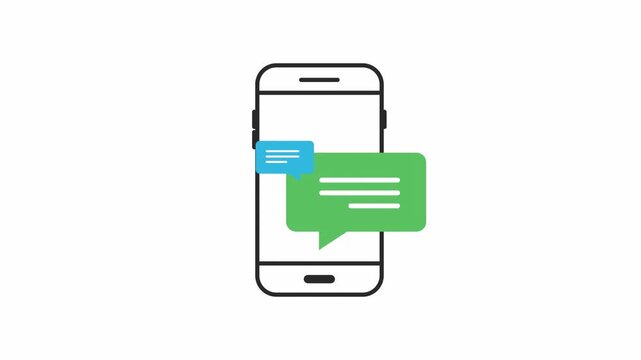 Minimalist smartphone vector icon featuring blue and green speech bubbles for instant messaging on a clean white background.