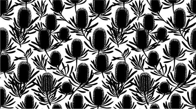 Seamless pattern with black silhouette banksia flowers and leaves on white background