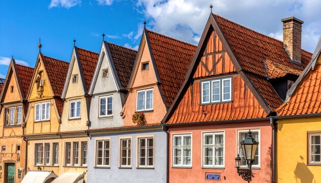 Historic half timbered houses in a European town center.