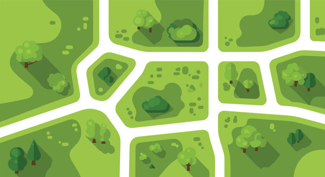 Top down view of a simplified map showing green park areas, white walking paths, and various trees and bushes in a city layout.