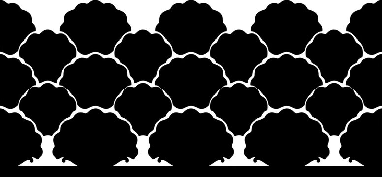 Seamless repeating scallop shell pattern in black and white for decorative border design