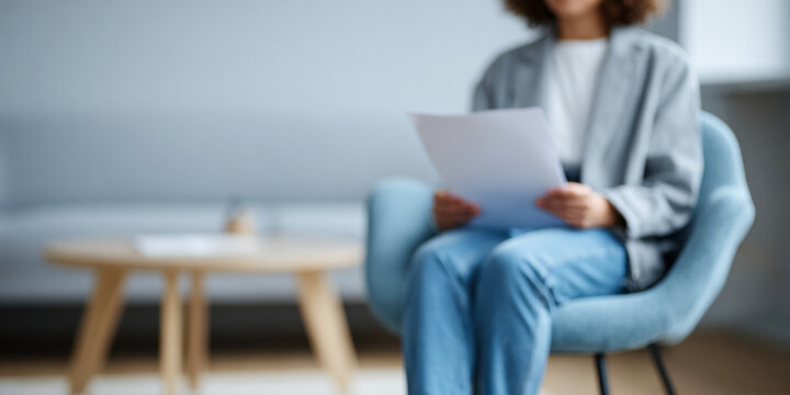 Person sitting in chair reading document