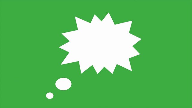 Vibrant white comic book style explosive thought bubble burst graphic isolated on a flat green background for creative social media.