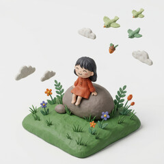 Fototapeta premium Girl is sitting on the rock with birds flying above the sky 