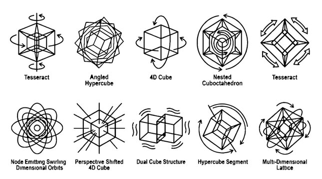 Collection of mathematical tesseract and hypercube diagrams illustrating multidimensional geometry and physics concepts.