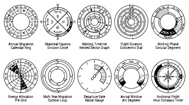 Collection of scientific circular diagrams and data visualization charts for migration and seasonal tracking.