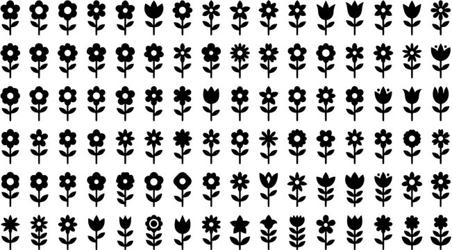 Set of ninety black flower icons with stems and leaves on white background