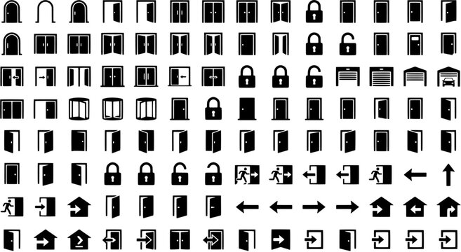 Large collection of black door and lock icons including various entrance types, emergency exits, and security symbols for web and mobile interfaces.