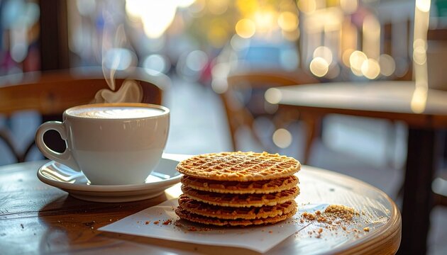 A cup of coffee and a stack of waffles on a table in a cafe.