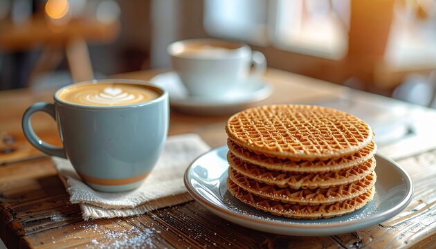 A stack of waffles and a cup of coffee on a wooden table.