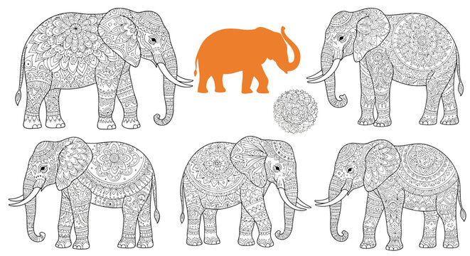 Decorative collection of adult elephants featuring intricate mandala patterns along with a solid orange silhouette.