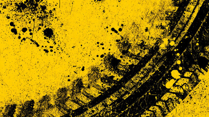 Yellow Grunge Hazard Background with Black Tire Tracks and Industrial Distress Texture © sema_srinouljan