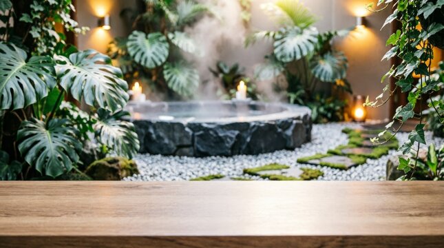Serene Indoor Garden with Stone Fountain and Wooden Table for Web Design