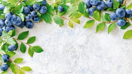 Obraz premium Fresh blueberries with green leaves on a textured white background, natural food photography