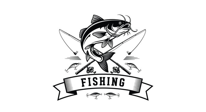 Classic black and white fishing emblem featuring a leaping catfish with crossed fishing rods and various lures.