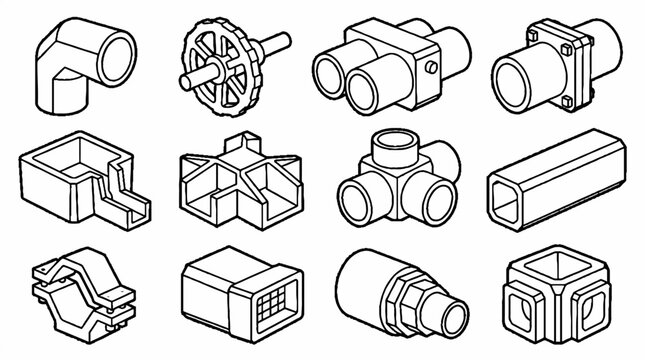 Collection of industrial plumbing pipe fittings and mechanical components in isometric line art style.