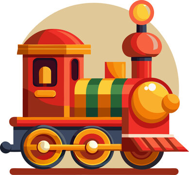 Chonky Steam Train Engine: A short, stubby cartoon locomotive with giant red wheels and a shiny golden bell, retro animation style.