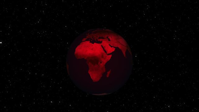 Red Earth animation rotates through deep cosmic space fields. Realistic red Earth animation details global continent map boundaries. Dramatic red Earth animation visualizes sci-fi planet travel loops.