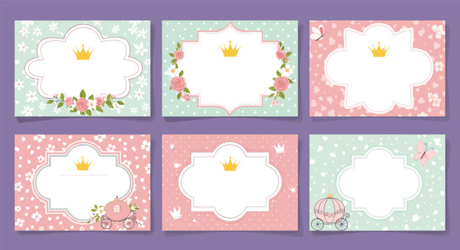 Collection of six charming princess themed gift cards or labels with golden crowns, flowers, and horse carriages.