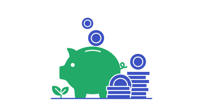Green Piggy Bank with Coins Stack.