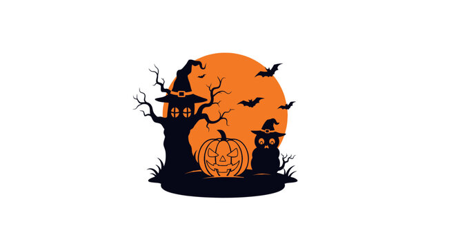 Halloween pumpkin with spooky tree silhouette.