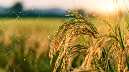 Obraz premium Golden rice field at sunset with digital network overlay