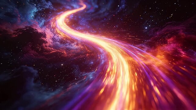 Cosmic nebula with glowing orange purple gradient light curve and starry space background