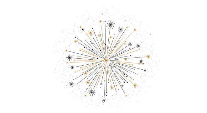 Festive gold and black firework burst illustration with many stars and radiating lines on a white background.
